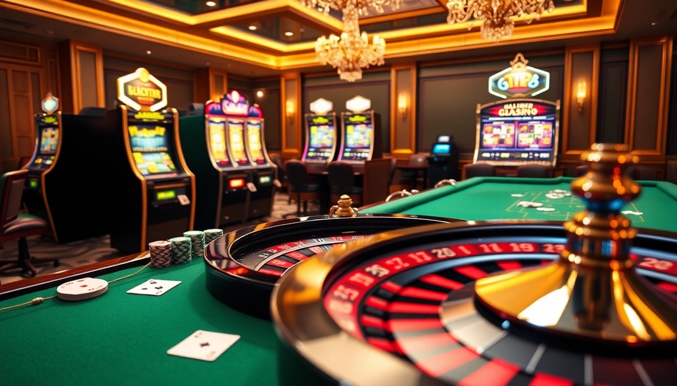 Experience the luxury of gambling at TG88 with vibrant casino tables, poker chips, and slot machines.