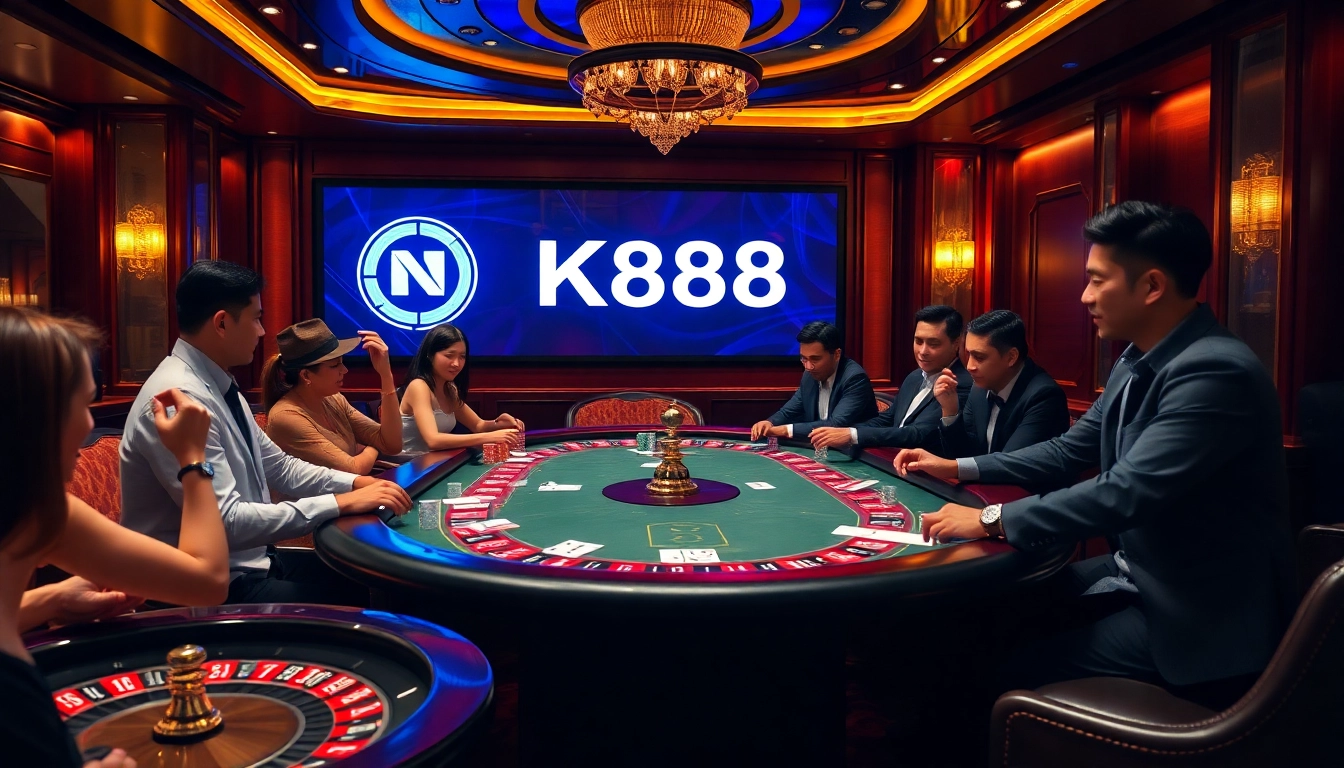Engaged players at a luxurious NK88 poker table, highlighting excitement and casino atmosphere.
