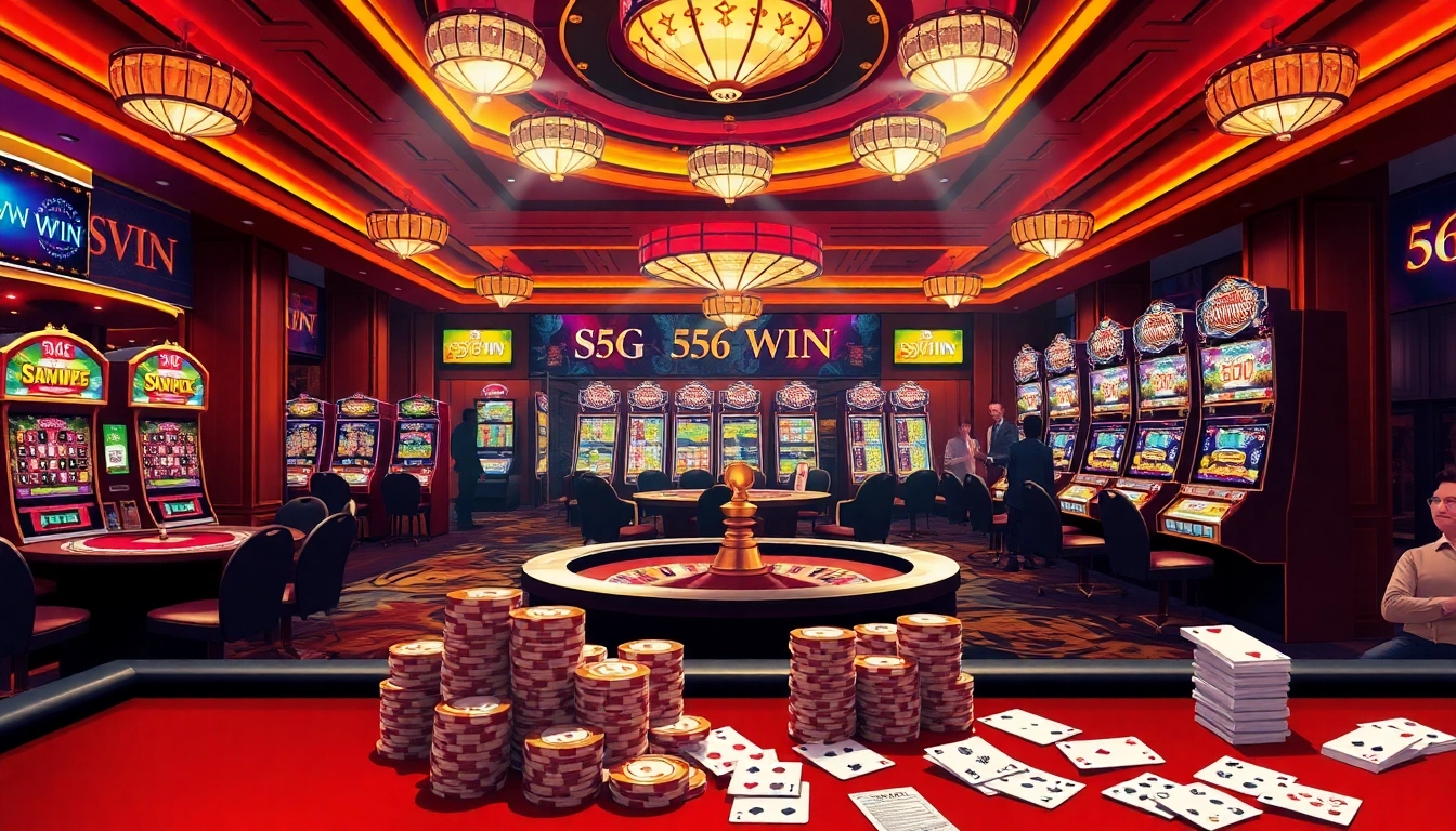Experience 56WIN excitement with dynamic casino gaming tables and vibrant slot machines.