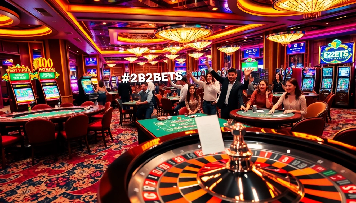 Experience the excitement of E2BETS at a luxury casino with vibrant gaming tables and celebratory players.
