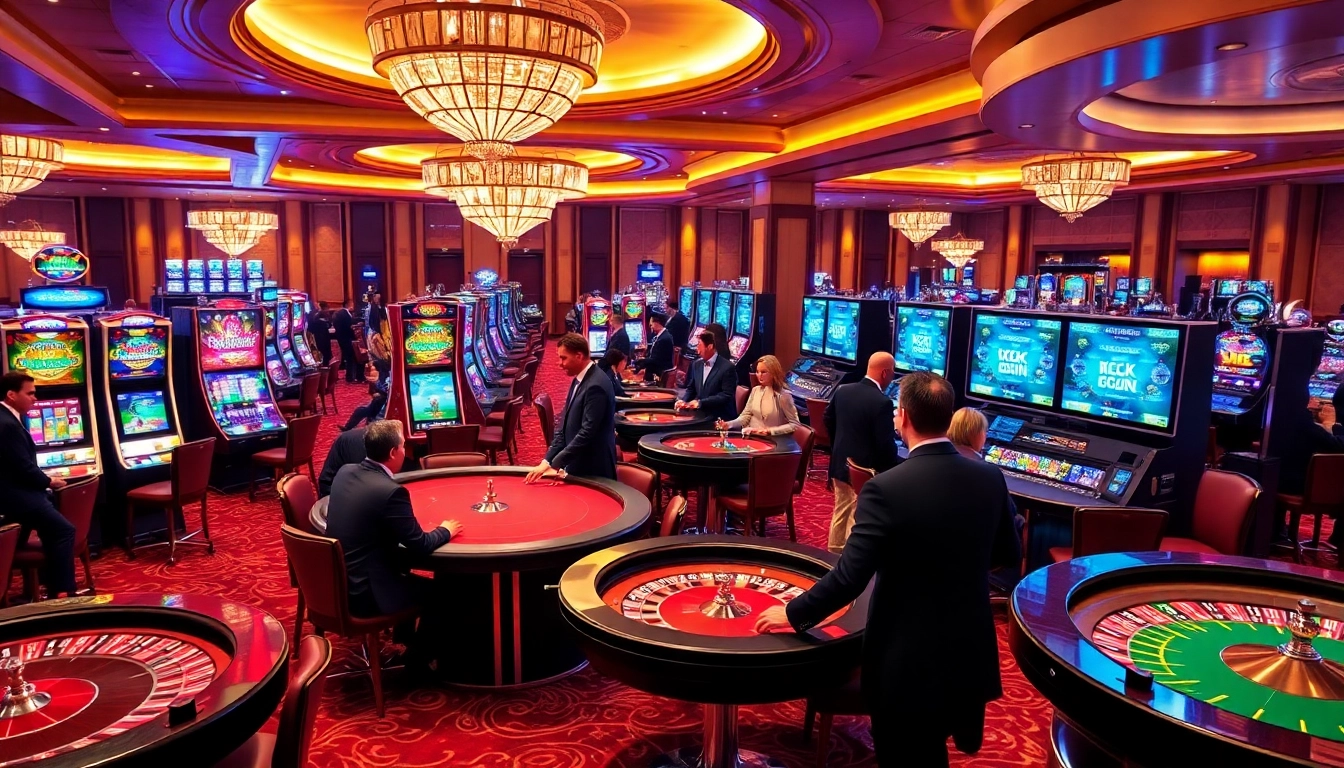 C168 casino scene with players at tables and vibrant slot machines showcasing luxury and excitement.
