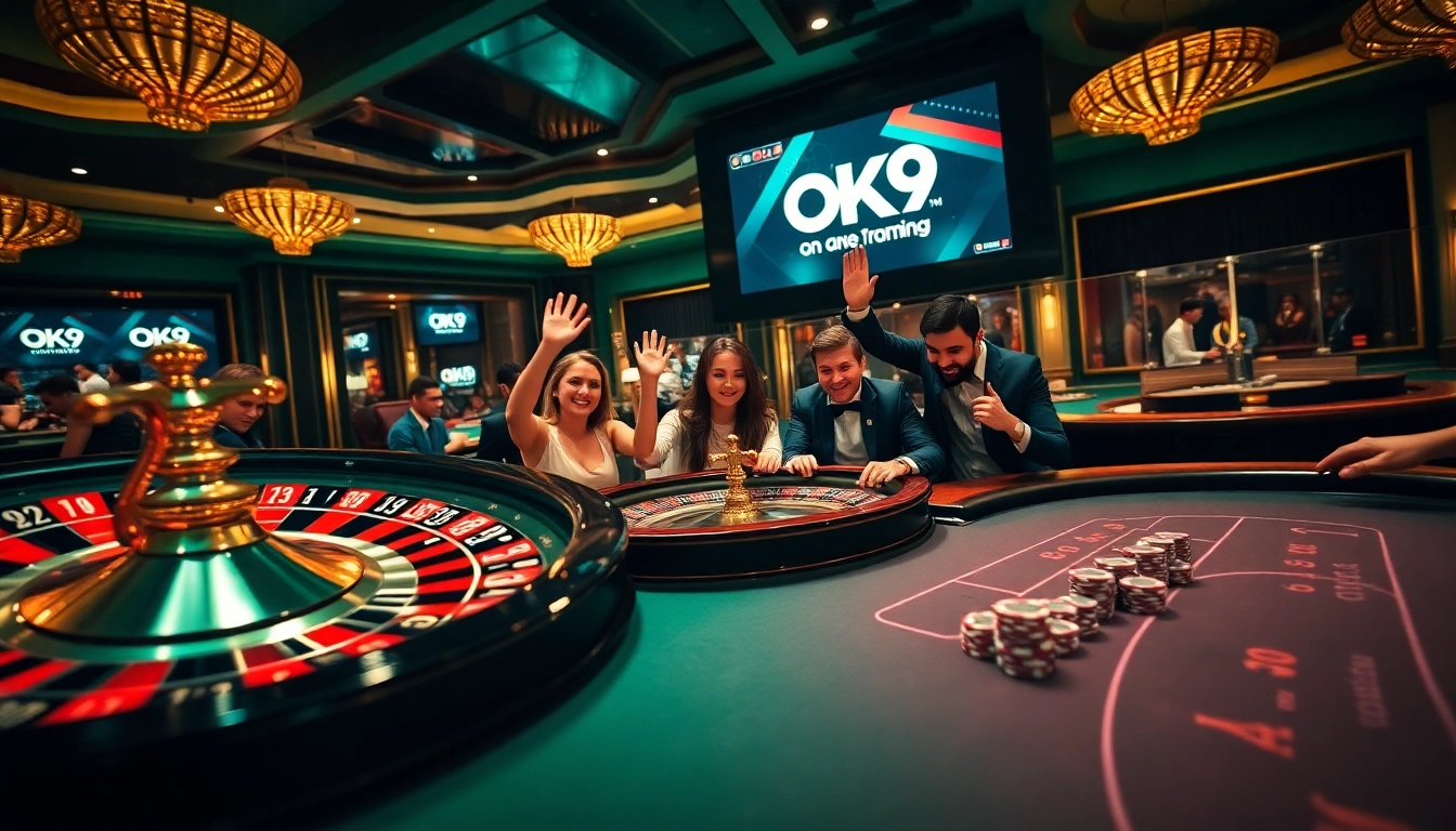 Experience high-stakes excitement at OK9, featuring a luxurious casino scene with roulette and poker chips.