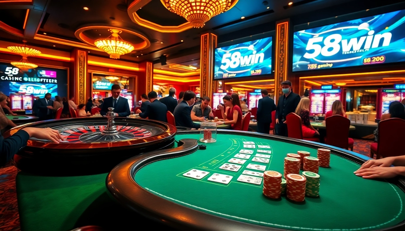 Players engage in thrilling casino action with 58win branding visible, capturing the essence of excitement.