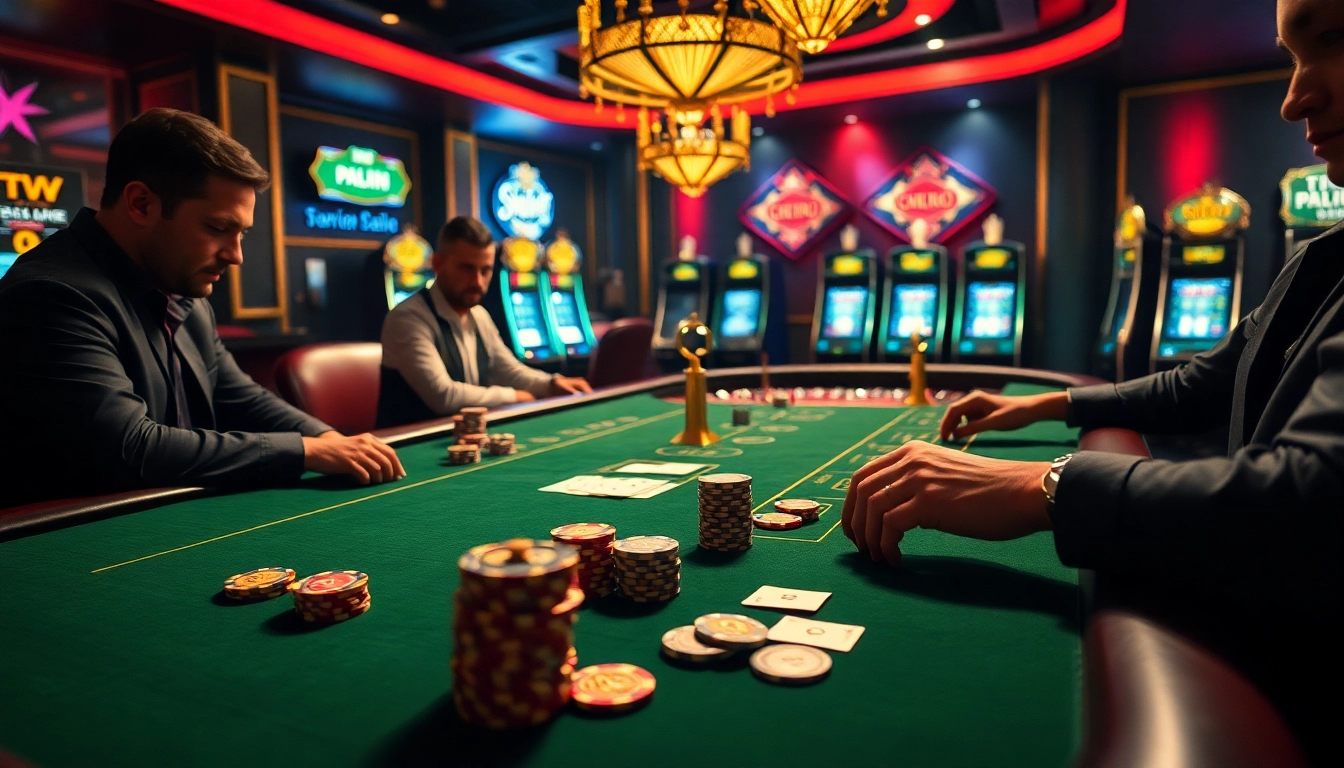 A high-stakes poker table with S8-themed decor, vibrant chips, and excited players in action.