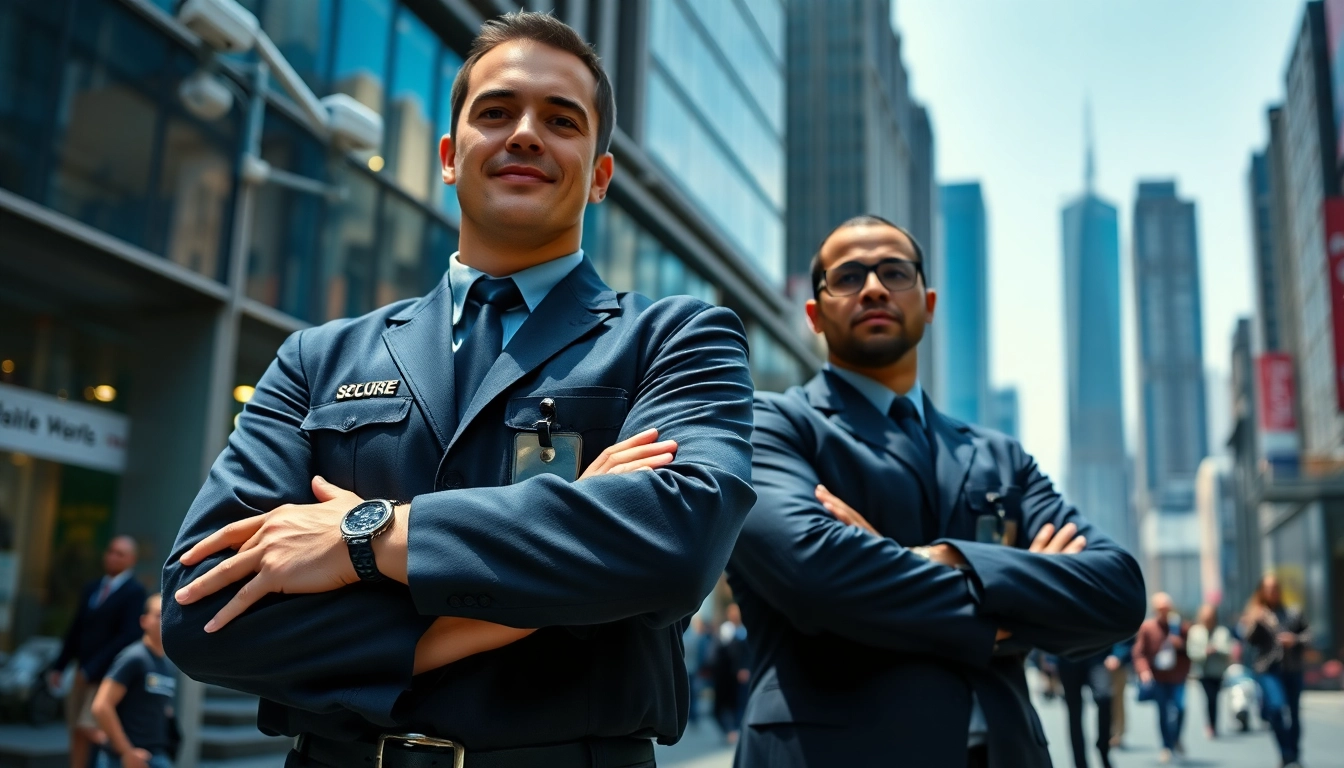 Private security officers ensuring safety in an energetic urban environment.