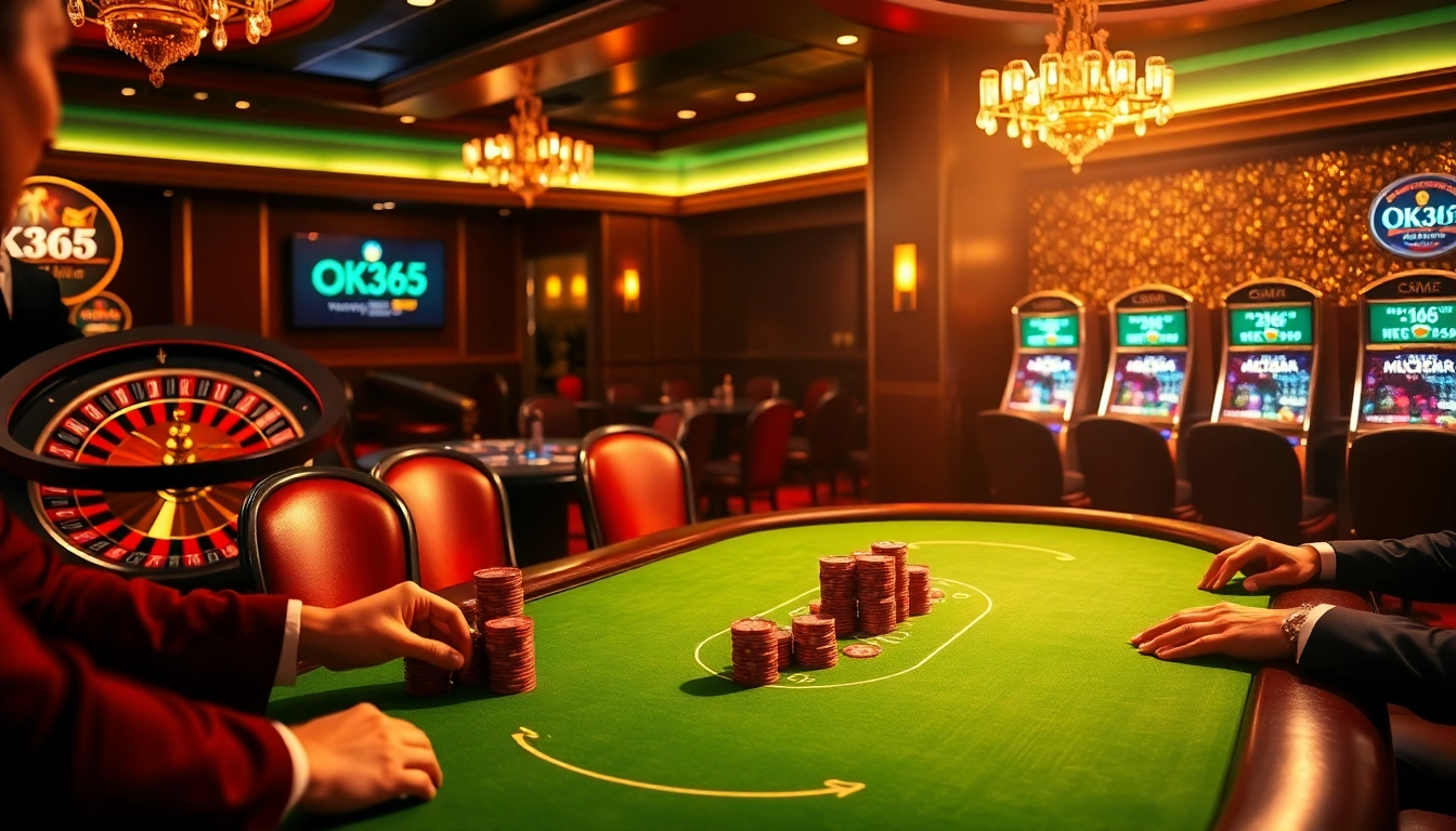 Action-packed scene showing players at a poker table and roulette wheel in a luxurious setting, highlighting OK365.