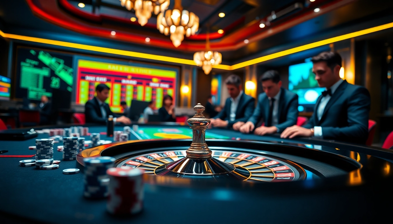 SV388 online gambling scene with poker chips and a roulette wheel highlighting casino excitement.