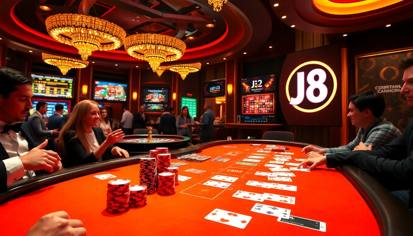 Engaging casino scene showcasing J8 poker chips and vibrant betting tables.