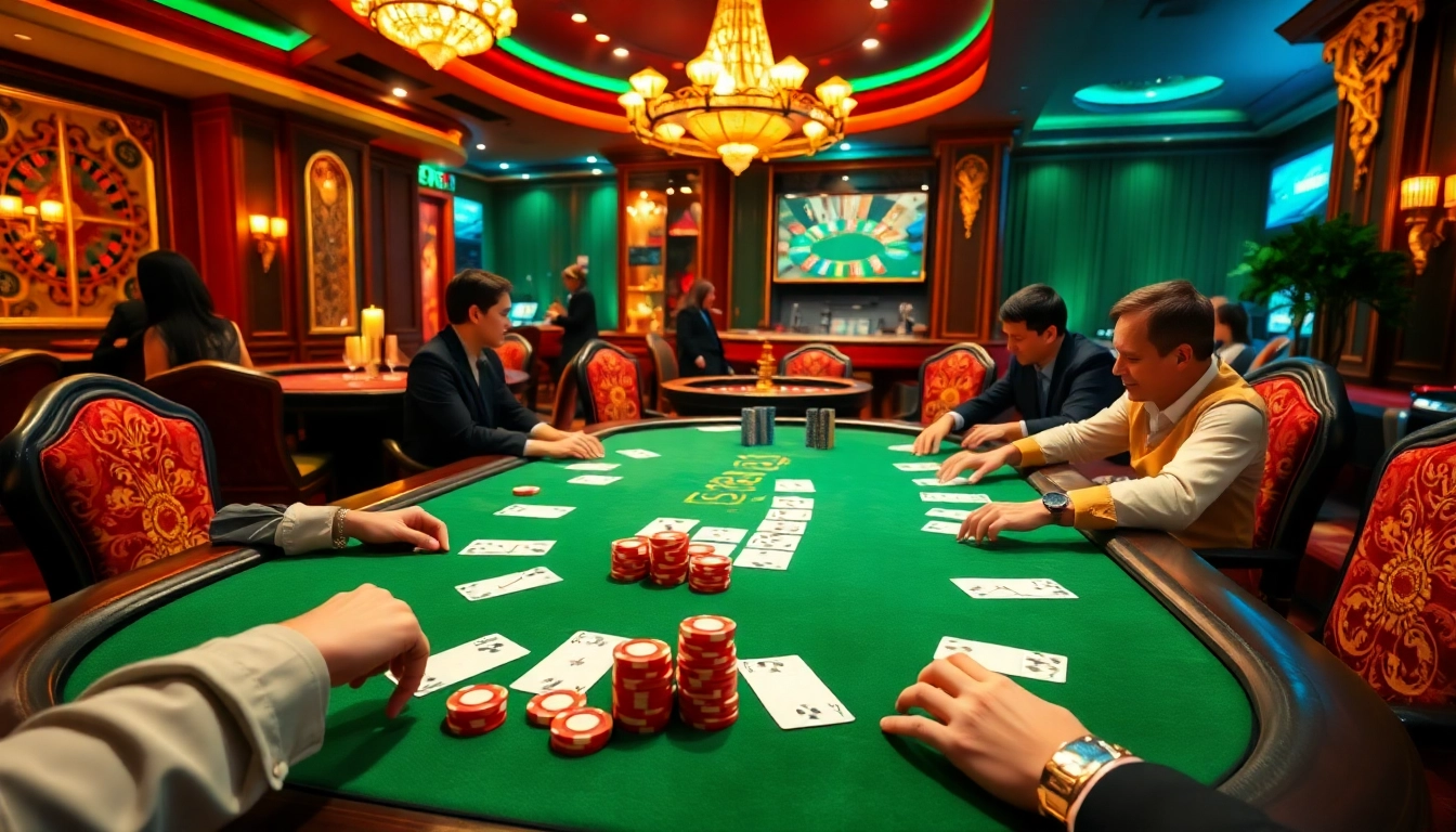 Exciting poker game scene at PG88 showcasing colorful chips and elegant players.
