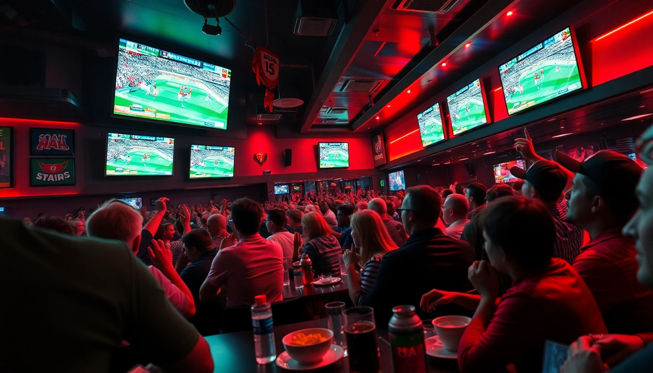 Fans enjoying live football matches at https://vaoluoitv.it.com in a vibrant sports bar.