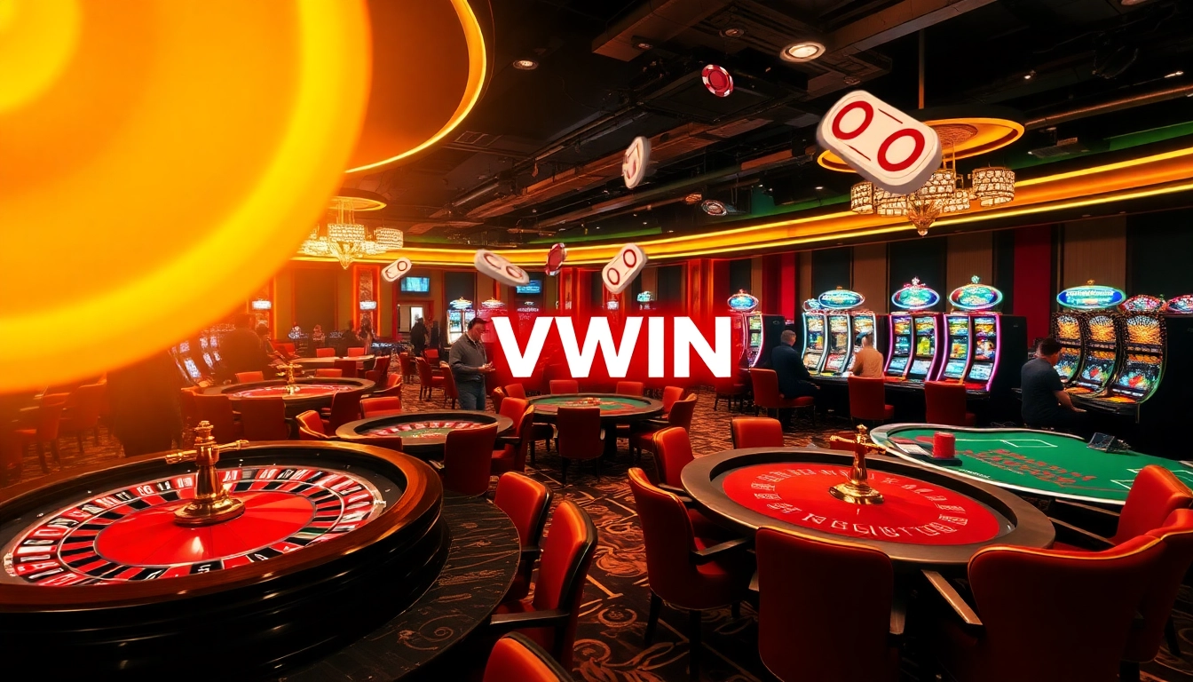 Players enjoying an exciting game at VWIN casino, showcasing vibrant slots and poker tables.