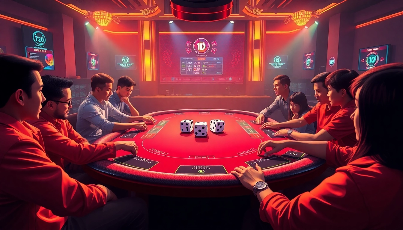 Exciting scene of players engaged in tài xỉu md5 game, featuring vibrant colors and dynamic lighting.