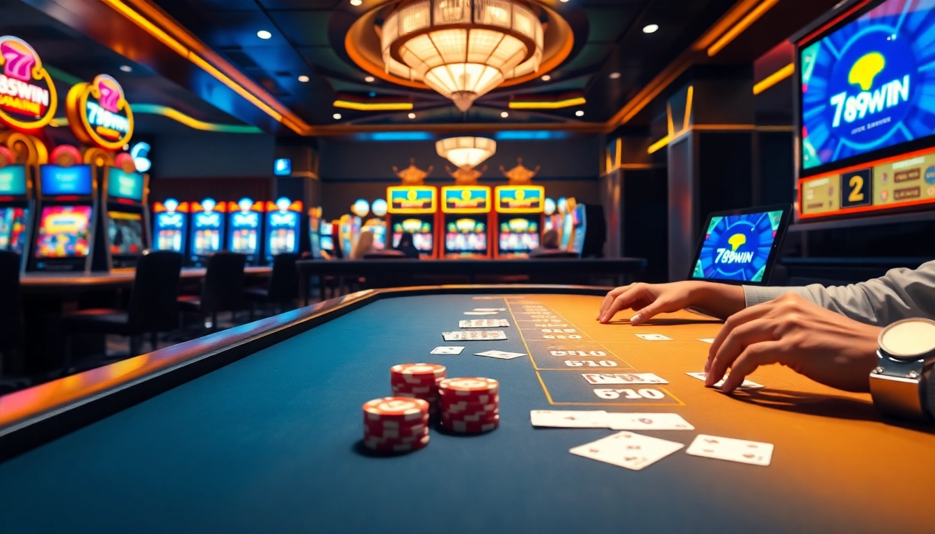 Engaging in thrilling blackjack at 789win's modern casino setup with vibrant atmosphere and colorful slot machines.