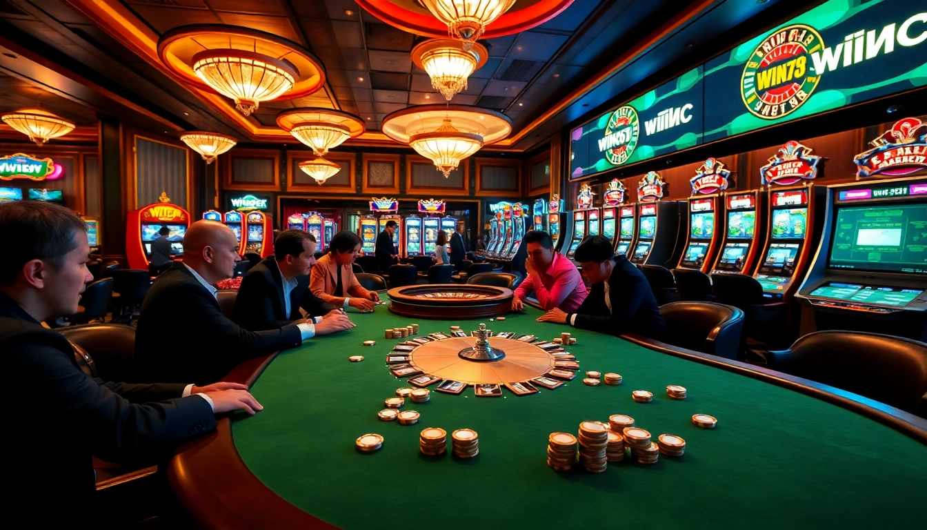 Experience the thrill of win678 at a luxurious casino poker table amidst flashing slot machines.