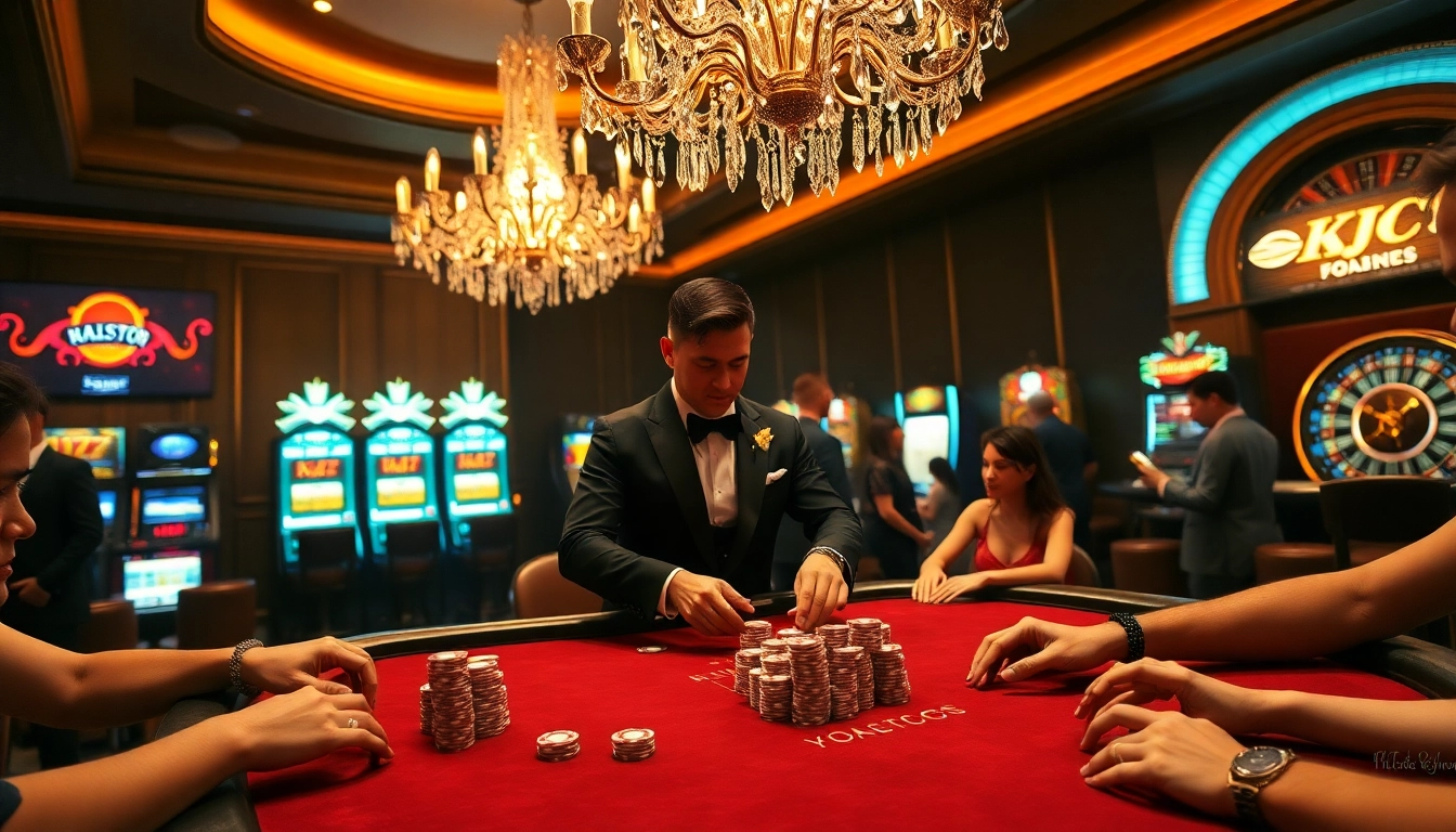 KJC casino atmosphere showcasing high-stakes poker with sophisticated players and luxurious design.