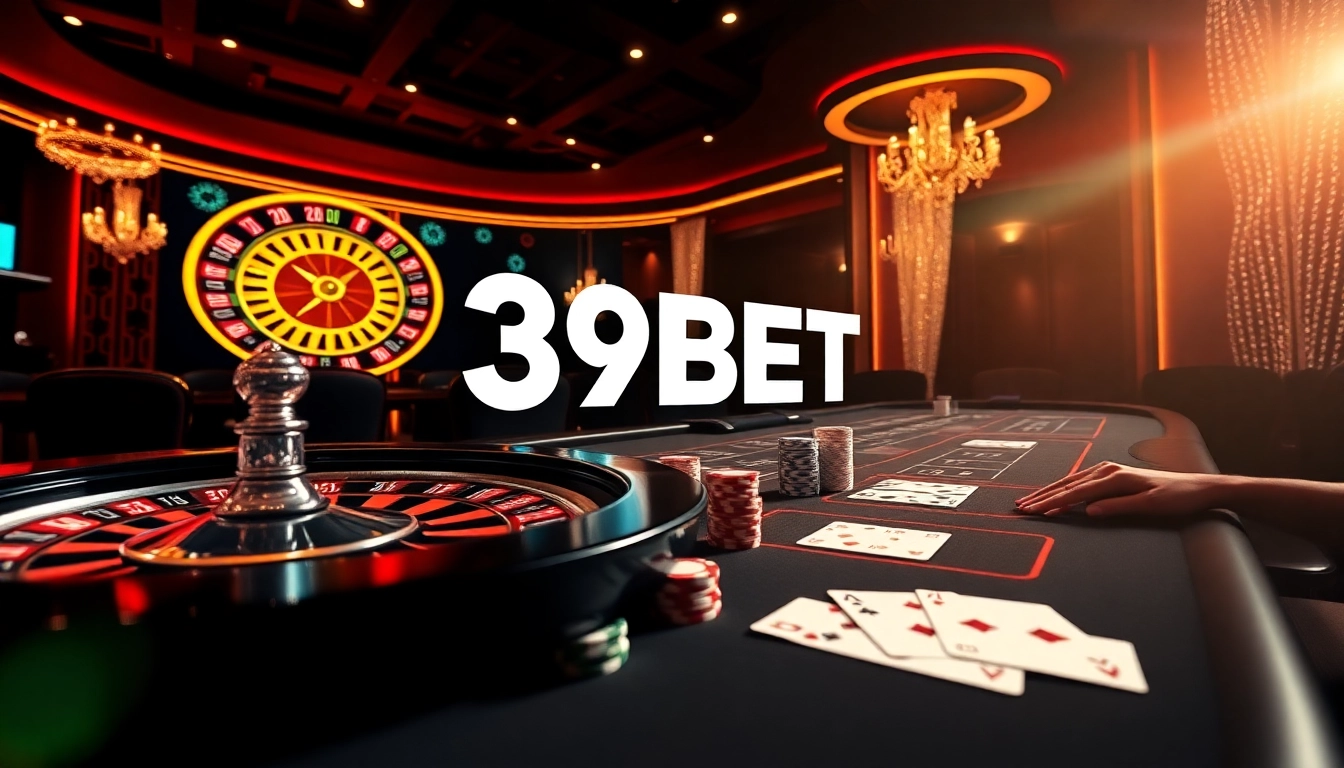 Join the thrill at 39BET with stunning casino visuals featuring poker chips and a roulette wheel.
