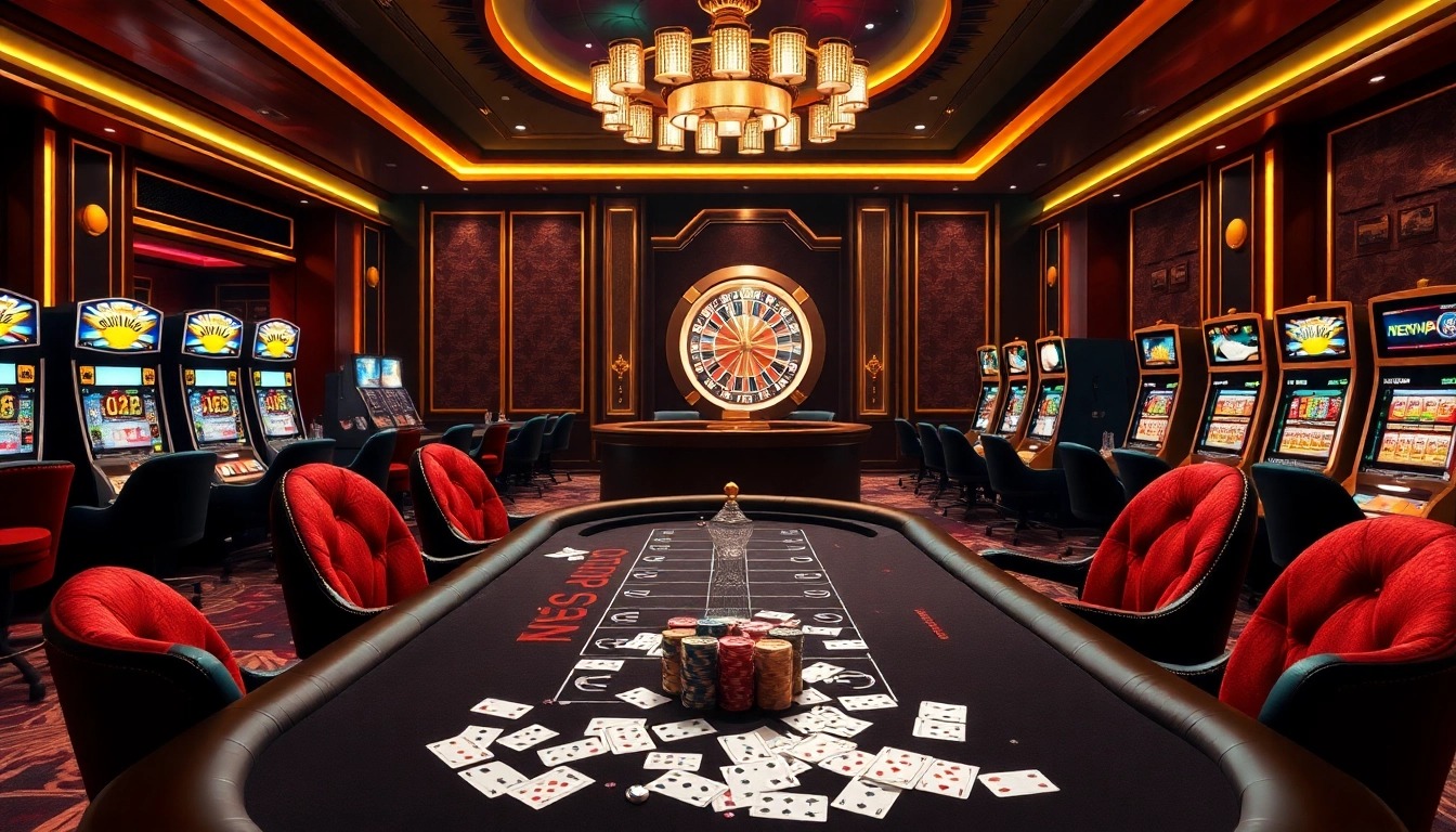 Vibrant casino atmosphere at Nhà cái NEW88 with poker chips and roulette wheel.