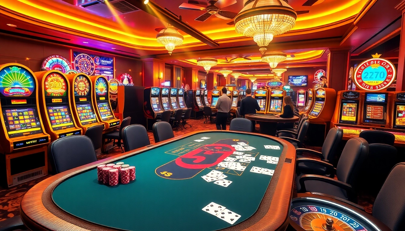 Gamble with excitement at the luxurious 5z777 casino featuring tables, chips, and slot machines.