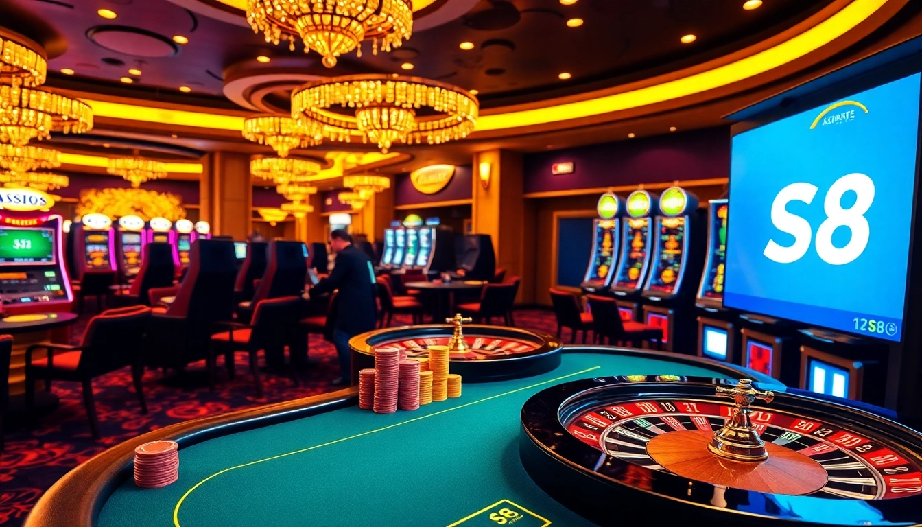 S8 gaming interface showcasing a vibrant casino environment with poker chips and roulette wheel.