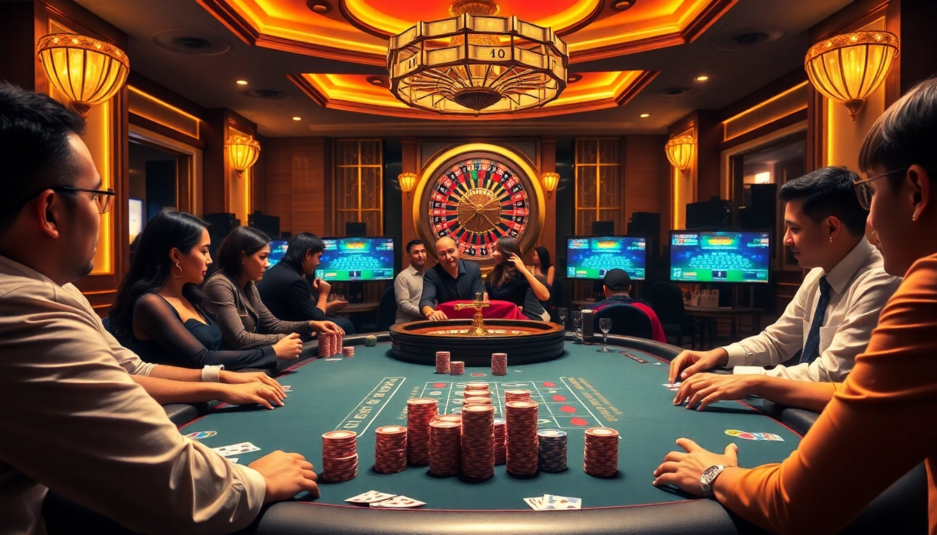 Exciting poker game scene at win55vn biz casino, featuring vibrant chips and dealer.