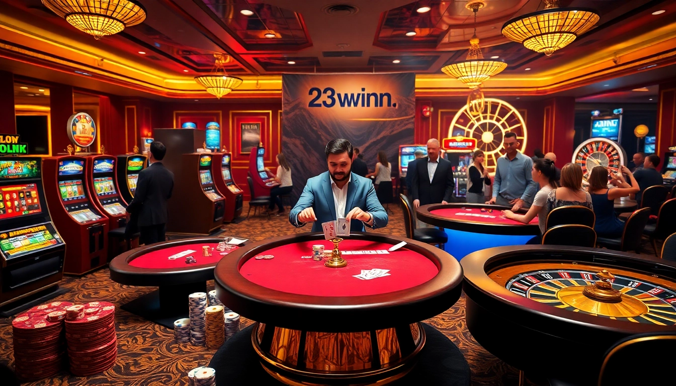 Experience the thrilling atmosphere of 23winn.casino with vibrant casino scenes featuring poker tables and slot machines.