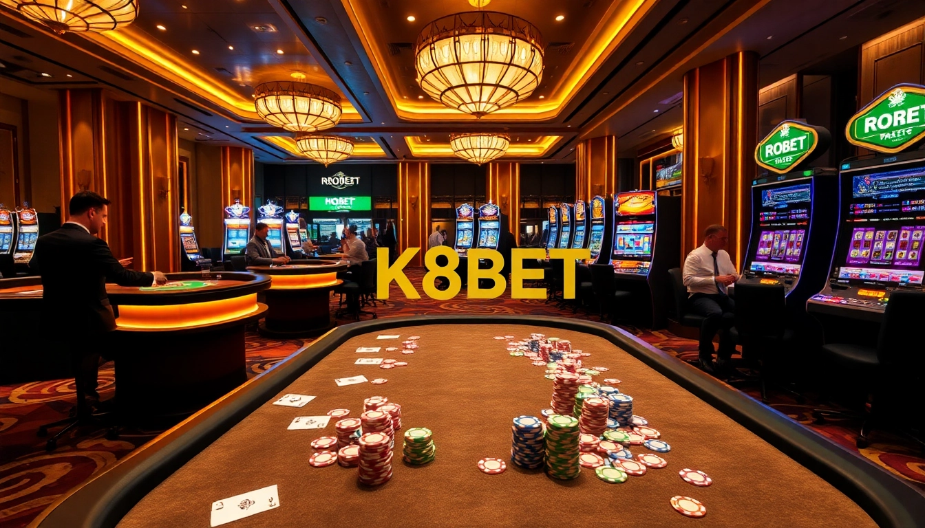 K8BET gaming tables with vibrant poker chips and lively players enjoying a high-stakes casino experience.