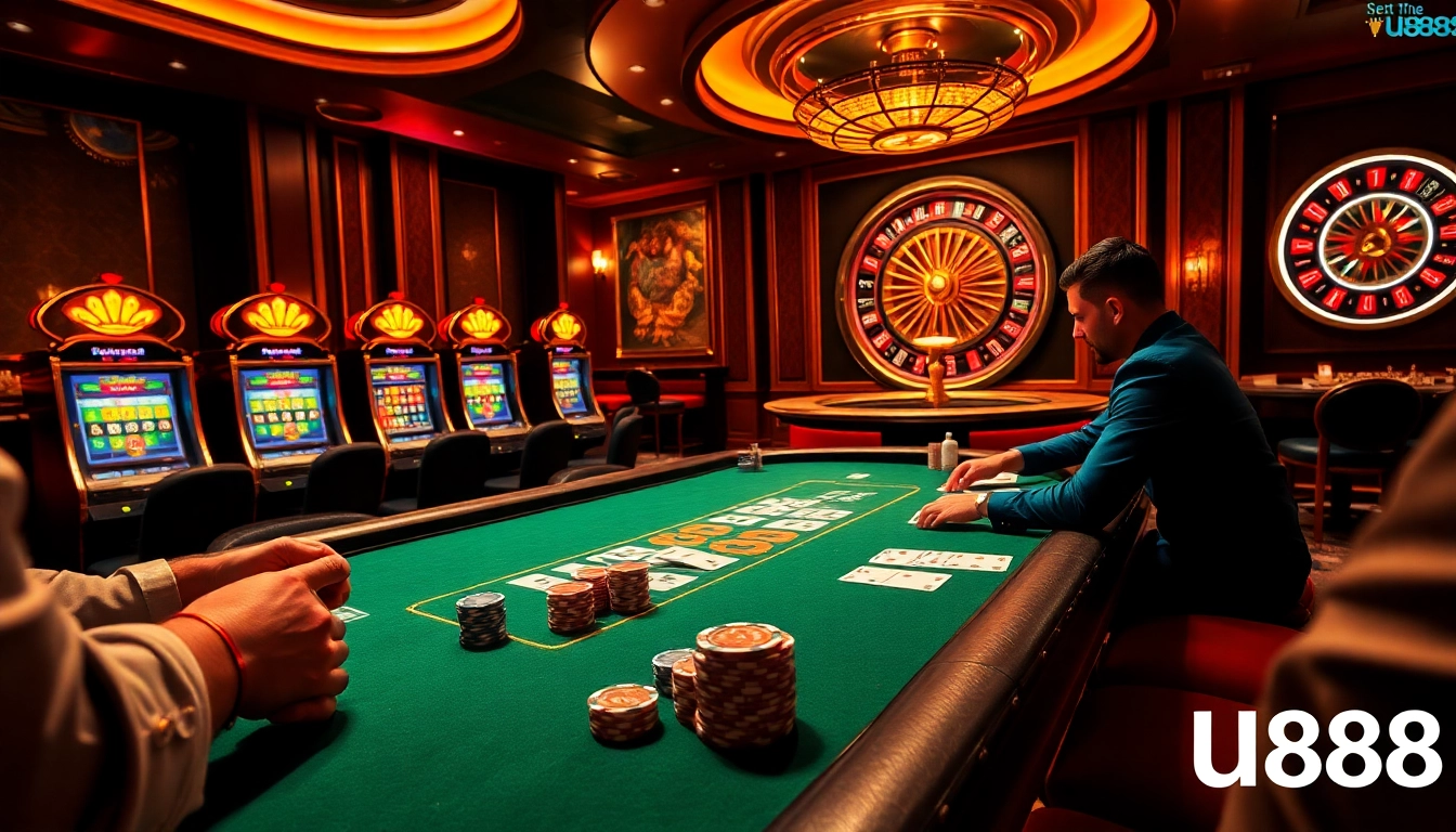 Experience thrilling gameplay at U888's luxury casino with vibrant tables and intense poker action.