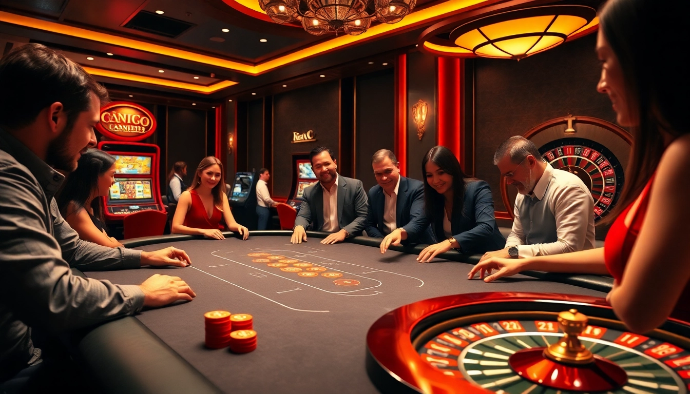 Players enjoy a thrilling KJC poker game with luxurious chips and vibrant slot machines.