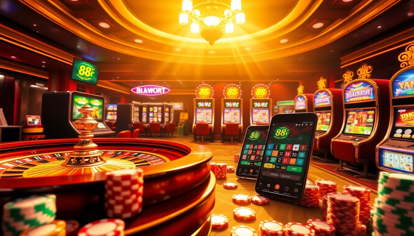 88i mobile gaming app displayed on a sleek smartphone in an upscale casino environment.