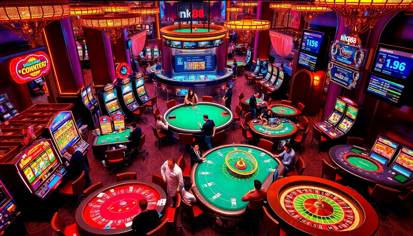 Engaged gamblers at a luxury casino featuring nk88-themed game tables and vibrant slot machines.