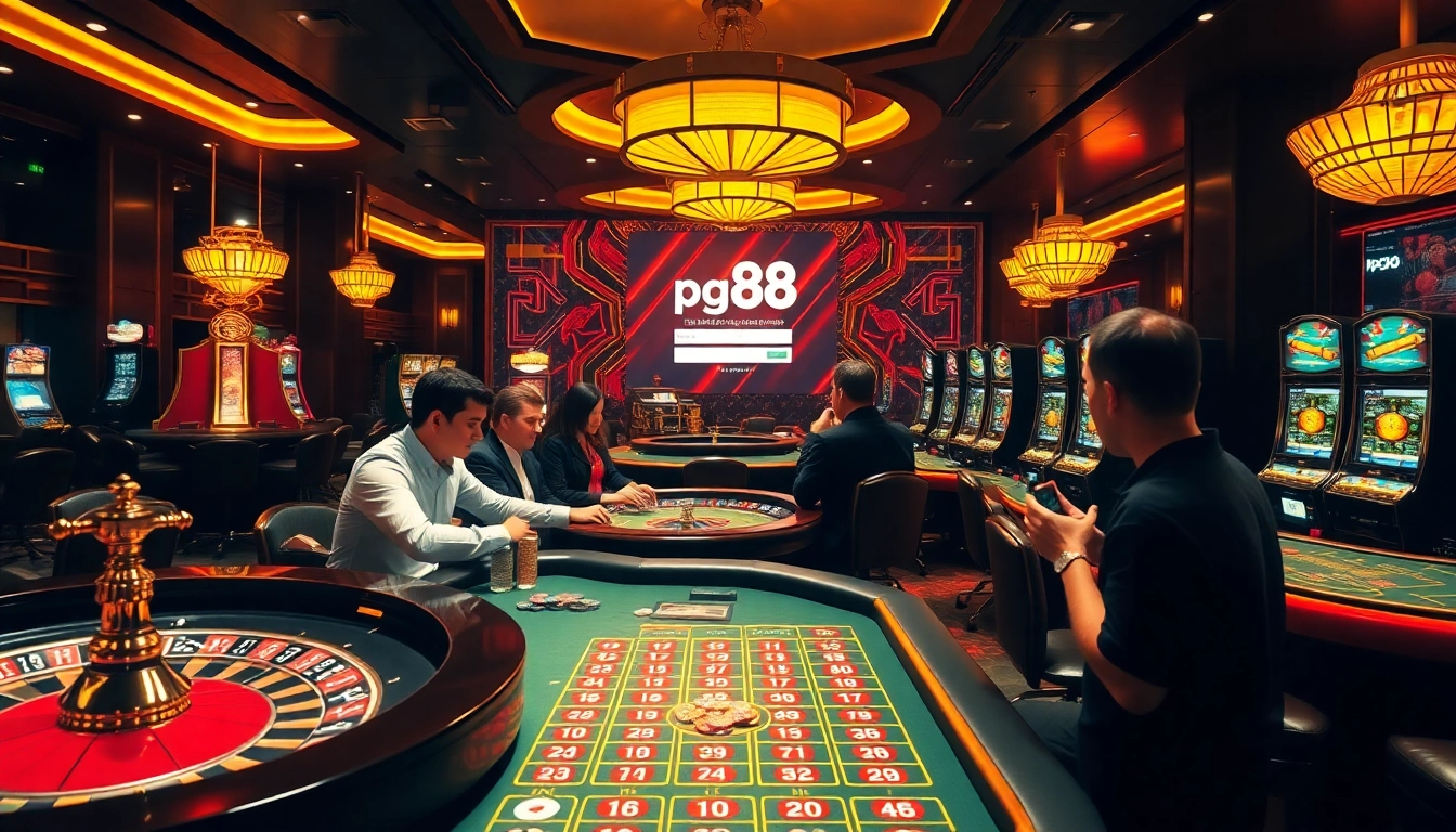 Experience the excitement of pg88 đăng nhập with players enjoying a vibrant casino scene featuring roulette tables and slot machines.