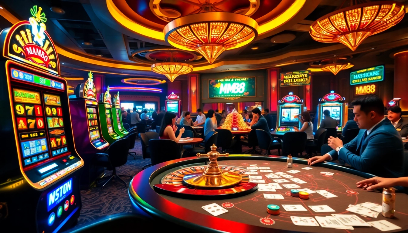 Engaging scene of MM88 online gambling with casino tables, poker chips, and players enjoying games.