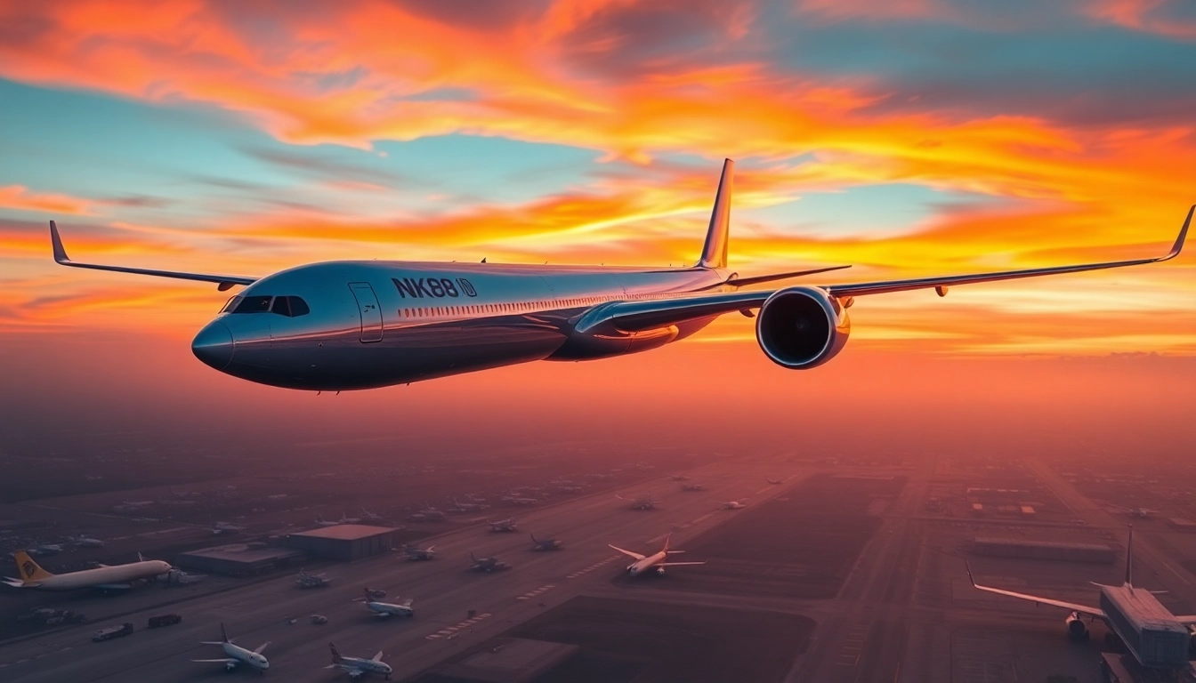NK88 aircraft flying at sunset, showcasing modern aviation design.
