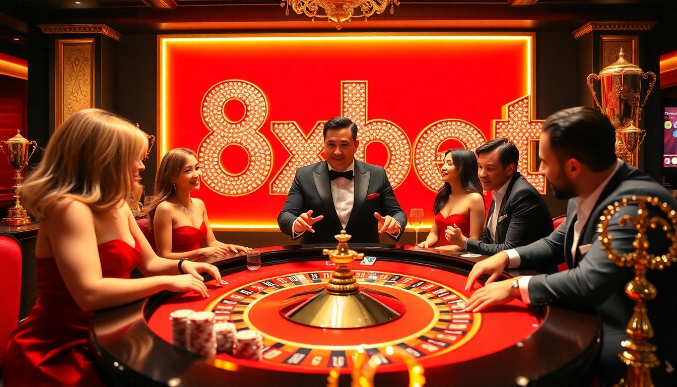 Players enjoying the thrill of gambling at a luxurious 8xbet casino roulette table with colorful chips and cards.