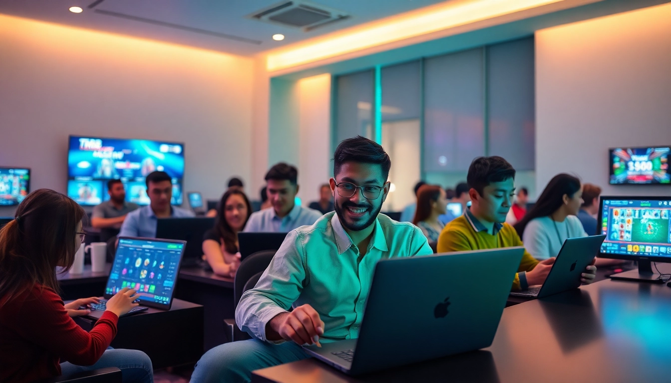 Engaged players enjoying the diverse gaming options at https://tr88.gg/ in a modern online casino environment.