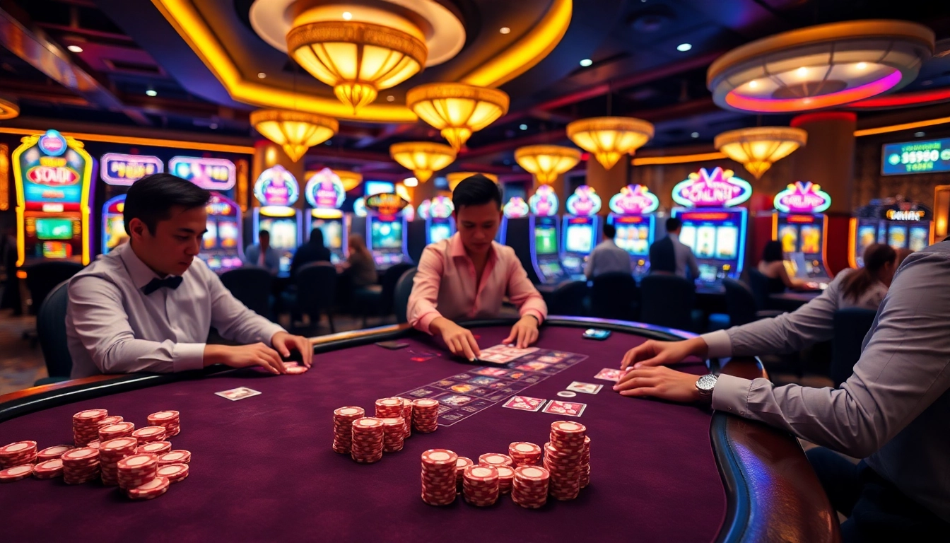 Players strategizing at a GO88 casino table, featuring vibrant poker chips and engaging games.