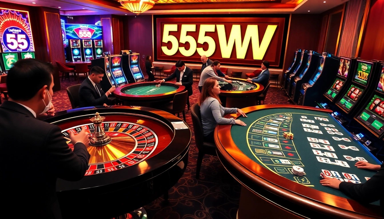 Engaging casino atmosphere showcasing intense gameplay at tables and slot machines, highlighting 55WW theme.