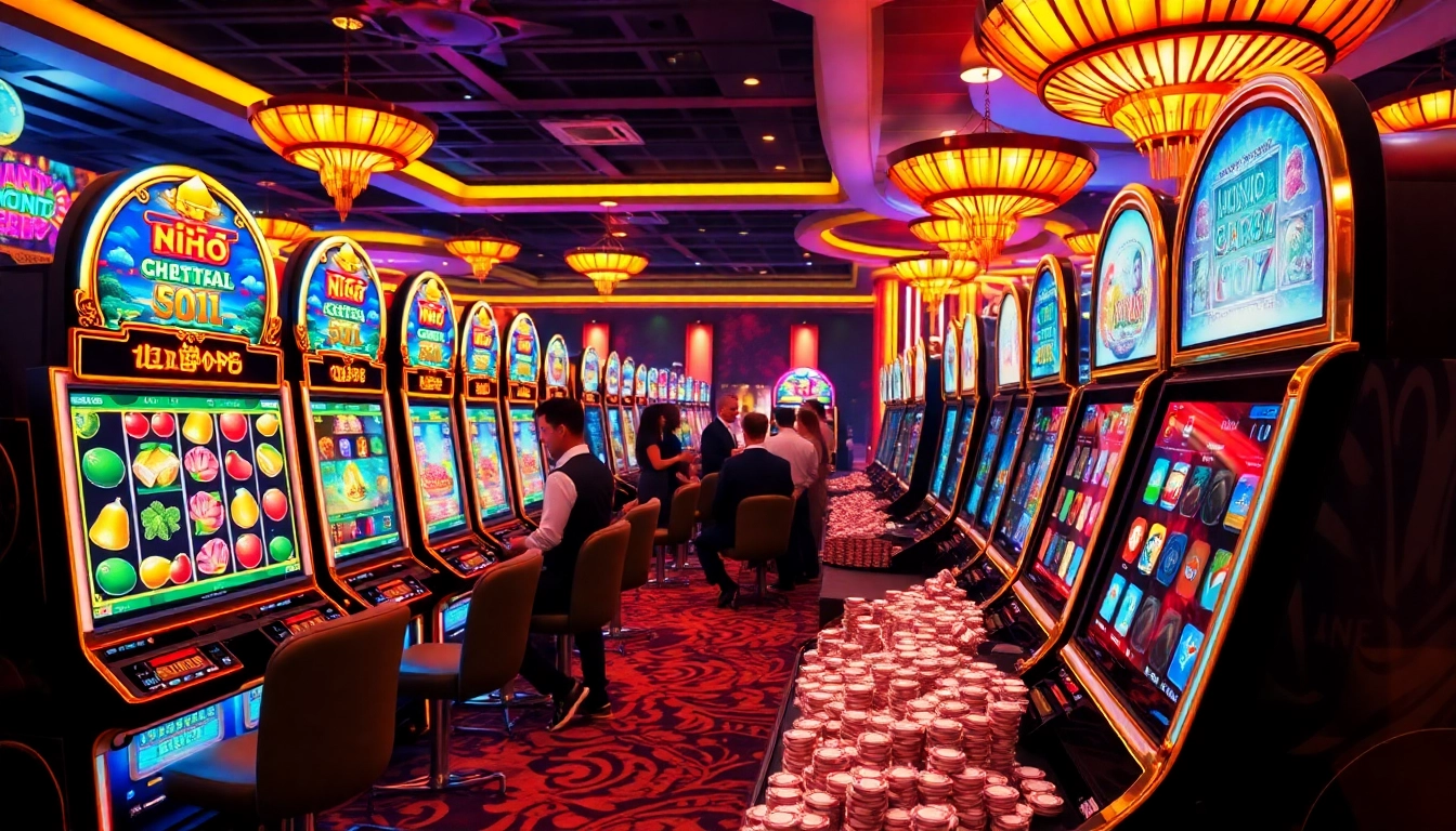 Nổ Hũ slot machines in a vibrant casino setting with players engaging, showcasing excitement and luxury.