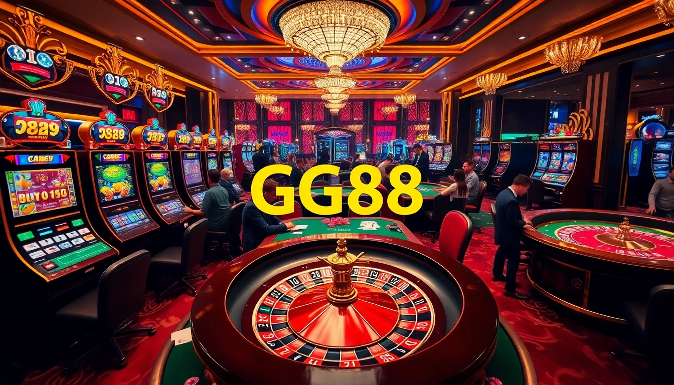 Gamblers enjoying high-stakes games at GG88's luxurious casino with slot machines and poker tables.