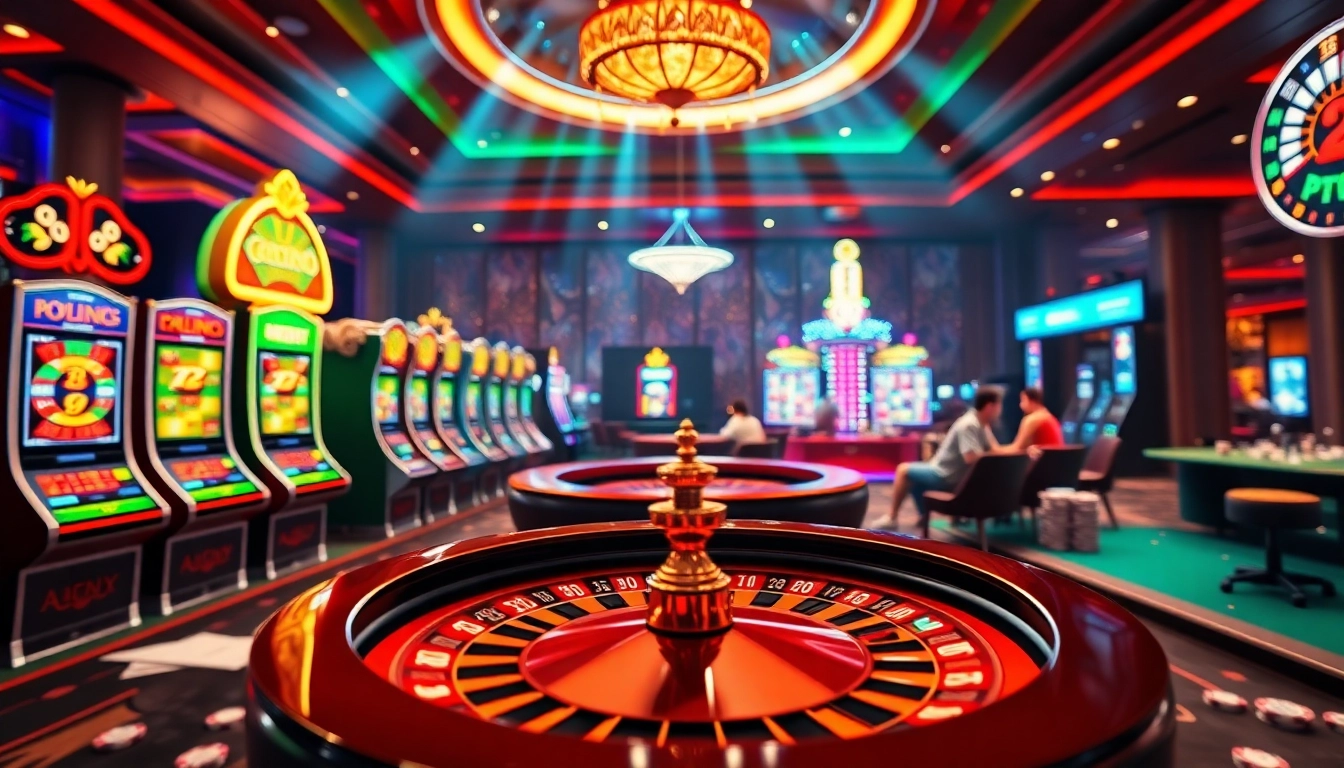 Players enjoying the thrilling atmosphere of Luckywin's online casino with slot machines and roulette.