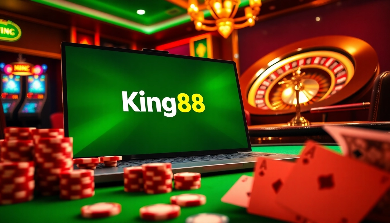 Experience the excitement of King88 with vibrant online casino visuals showcasing poker tables and slot machines.
