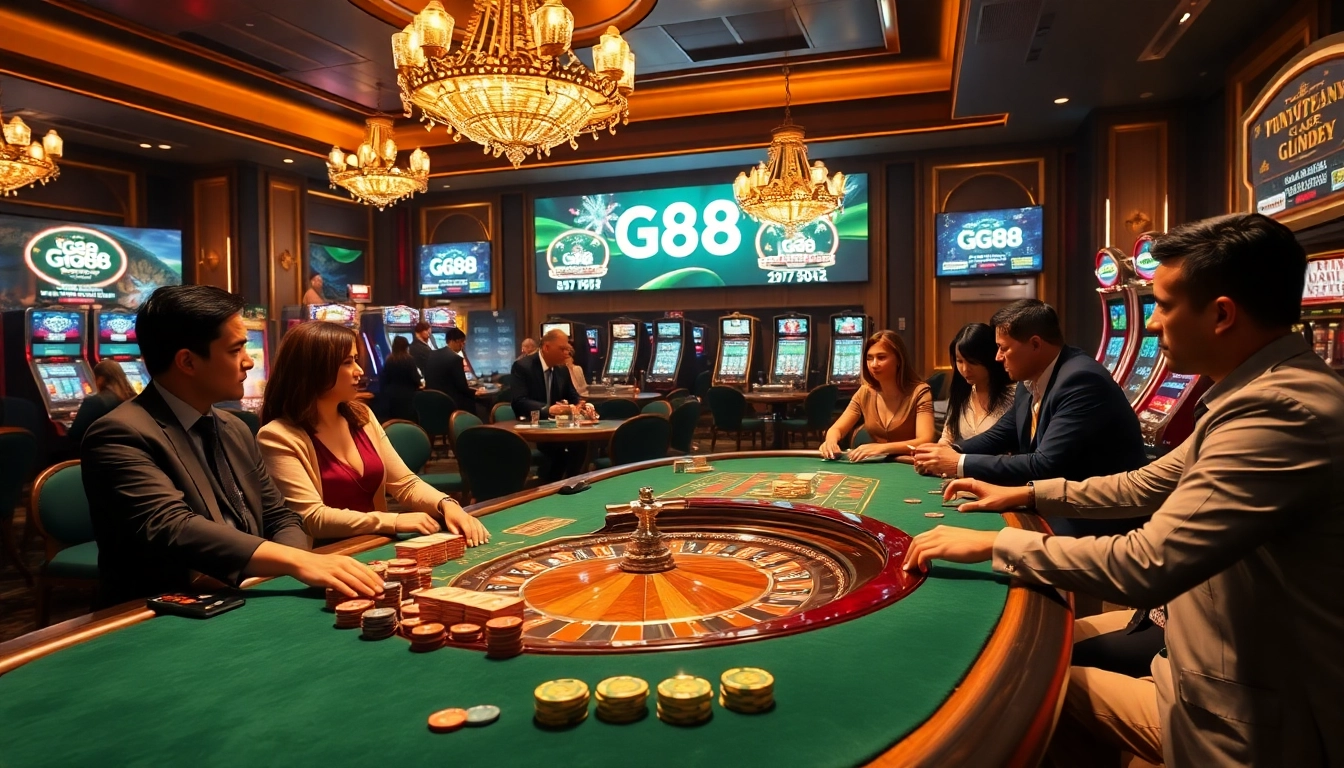 Excited gamblers playing games at the luxurious gg88 casino with stunning visuals.