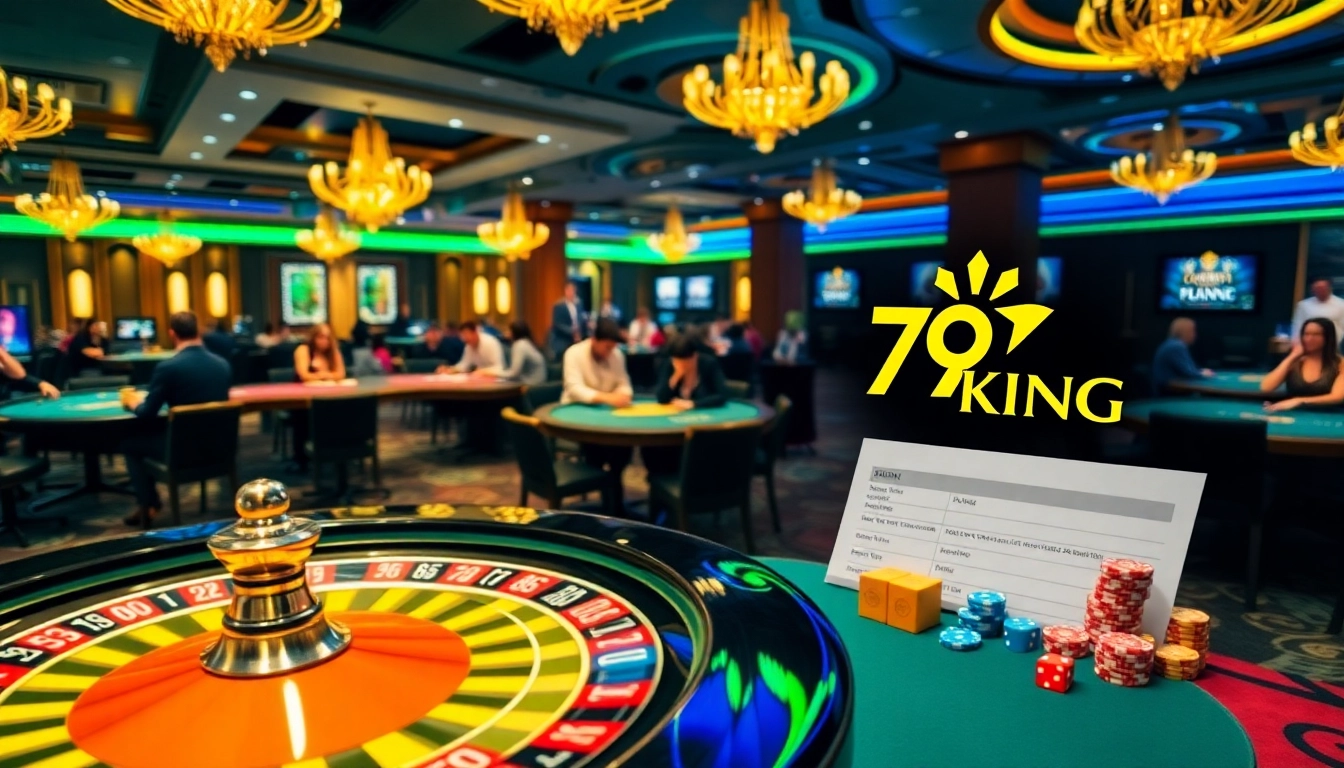 Experience the thrill of 79KING at a vibrant casino with poker tables and roulette wheels.