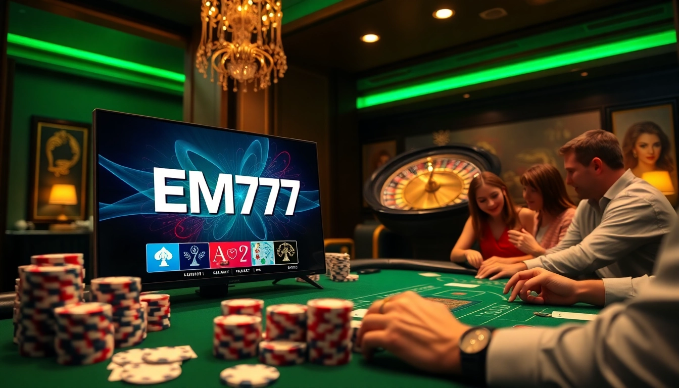 EM777 gaming interface surrounded by poker chips and cards in a luxurious casino setting.