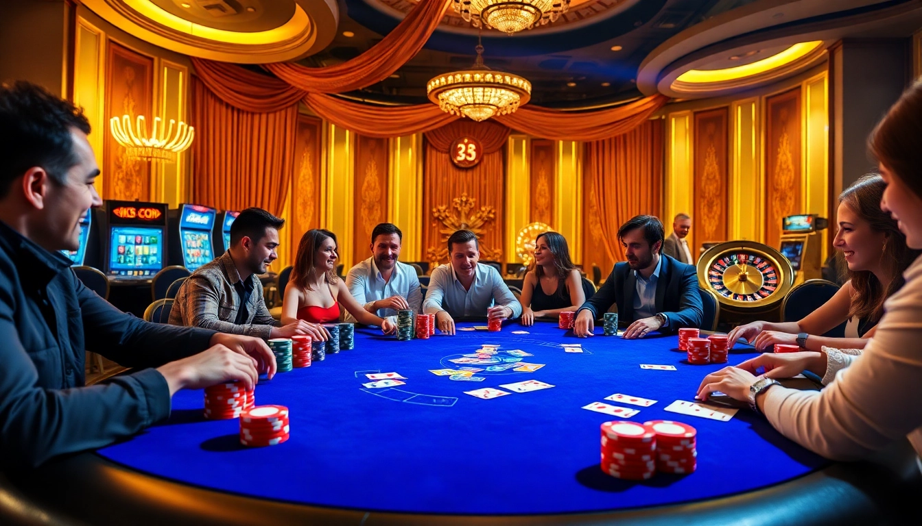 Experience high-stakes action at MK8.COM's luxurious poker table, filled with vibrant chips and excited players.