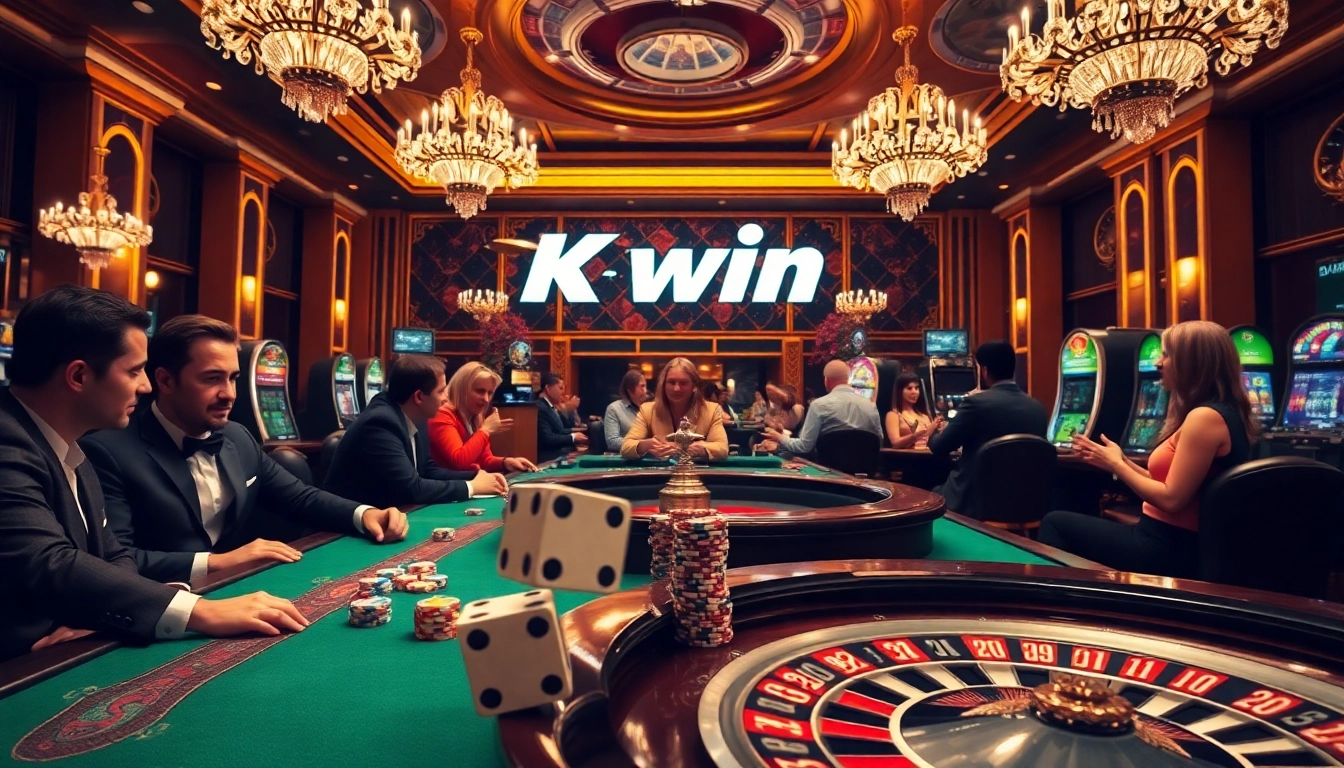 Gamblers enjoying a thrilling game night at Kwin’s luxurious casino, complete with poker chips and roulette wheels.