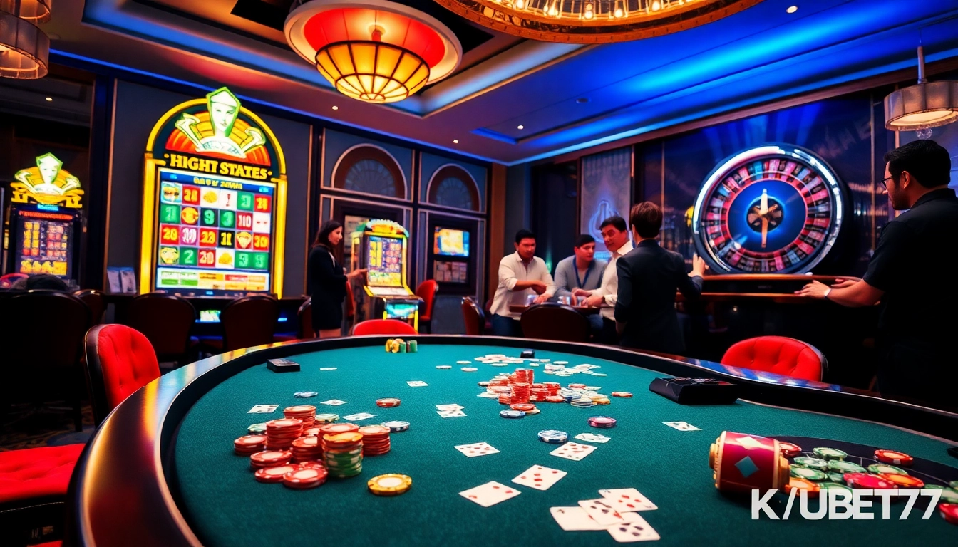 KUBET77 players engaging in intense gameplay at a luxurious casino table.