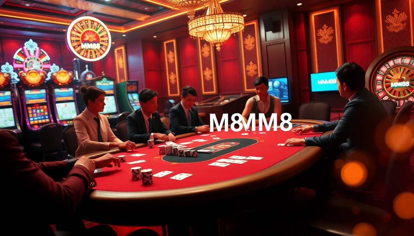 Experience high-stakes excitement at MM88 with elegantly dressed players at a luxurious poker table.