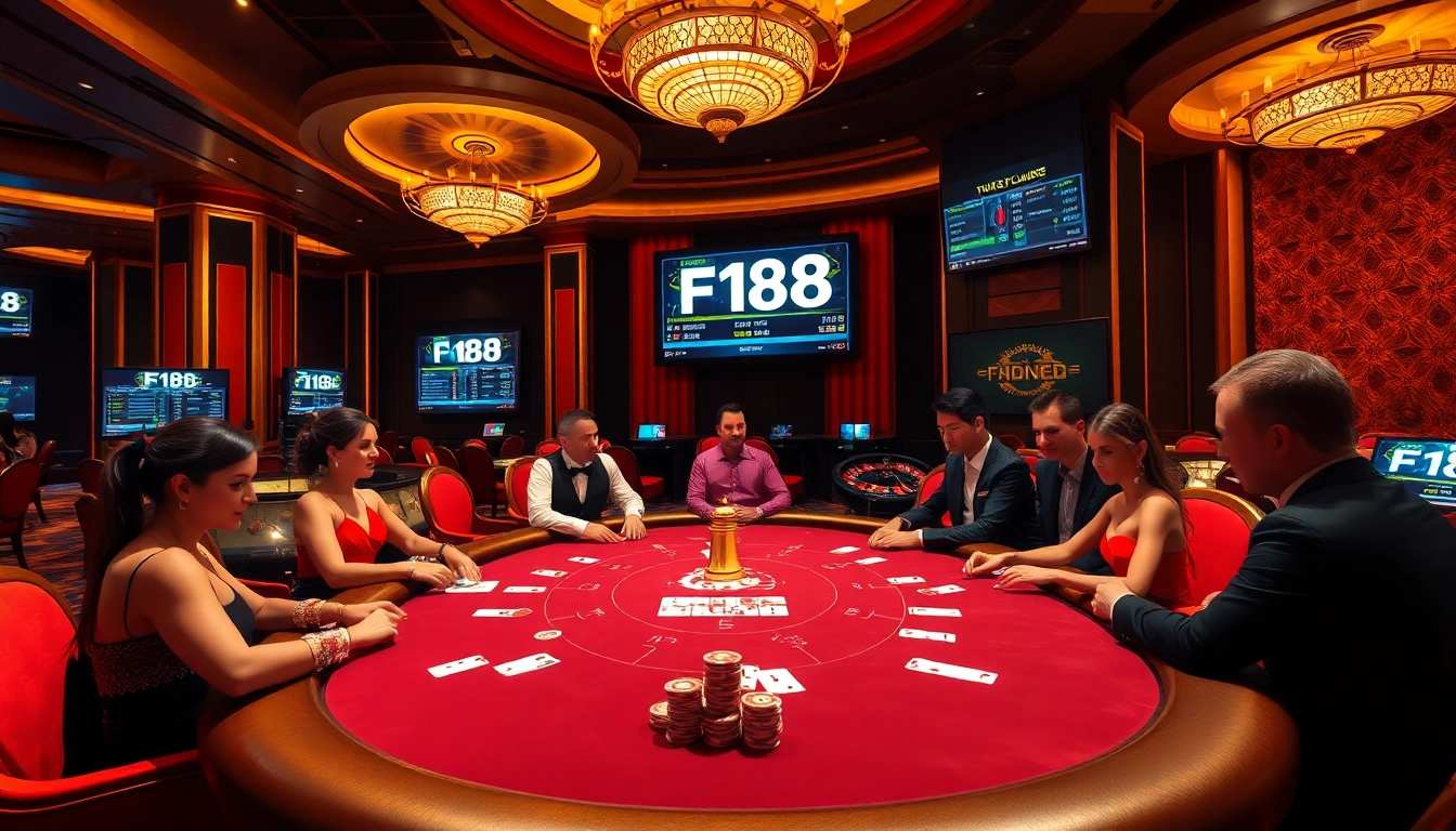 Elegant casino scene showcasing F168-themed poker setting with players and luxury elements.