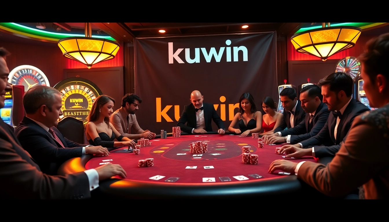 Kuwin players engaging in a high-stakes poker game at a luxury casino table, showcasing excitement.
